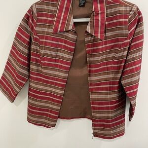 Anne Carson Red and Brown Plaid 100% Silk Blazer with 3/4 length sleeves
